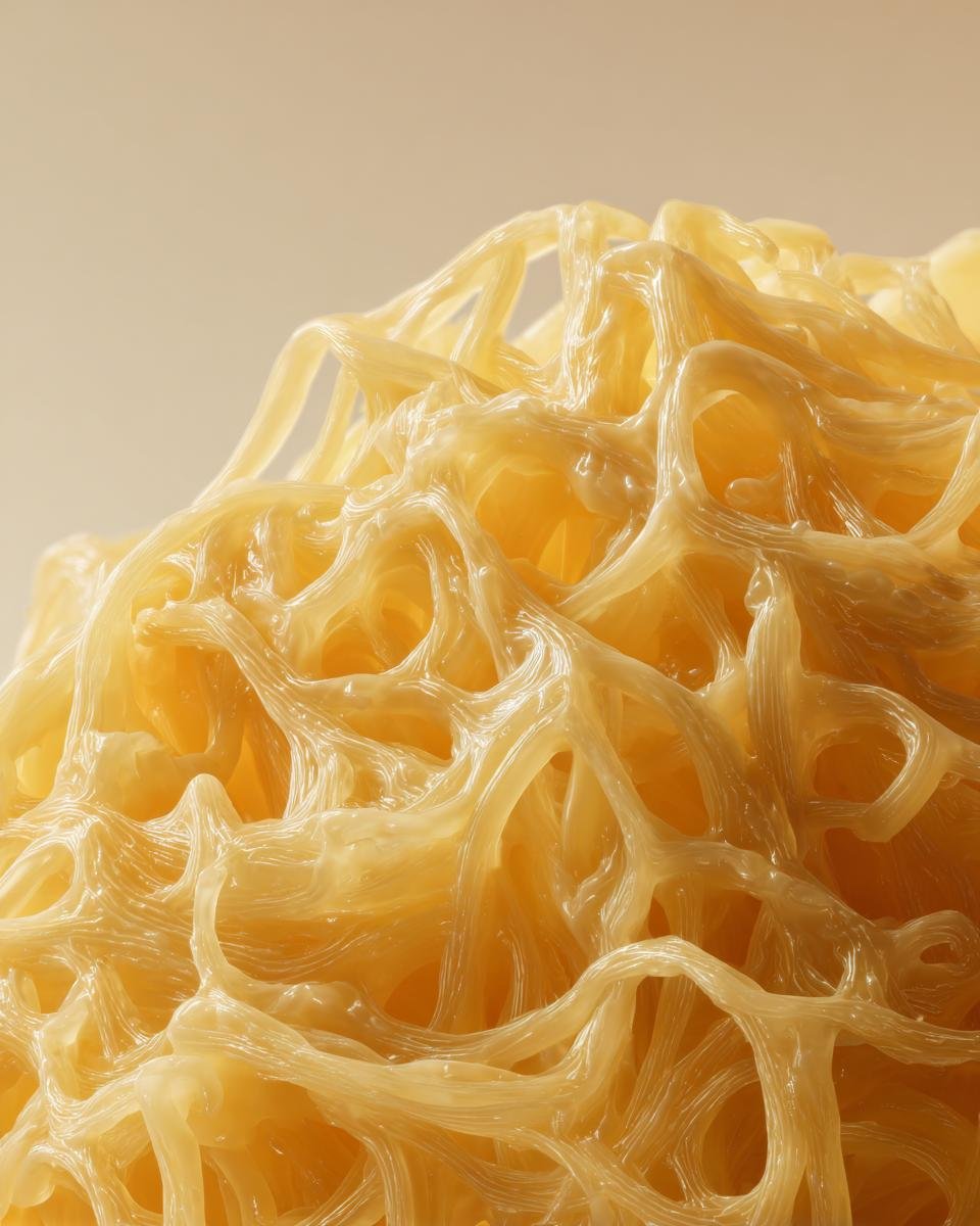 Macro shot showing the glossy, creamy strands of cooked Creamy Spaghetti Squash.