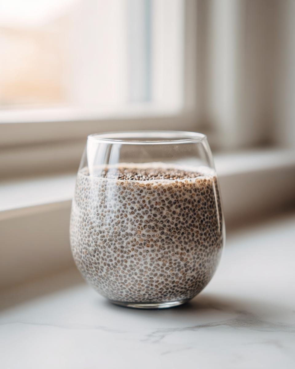 Close-up of creamy Vanilla Chia Pudding in a clear glass, set against a bright, blurred window background.