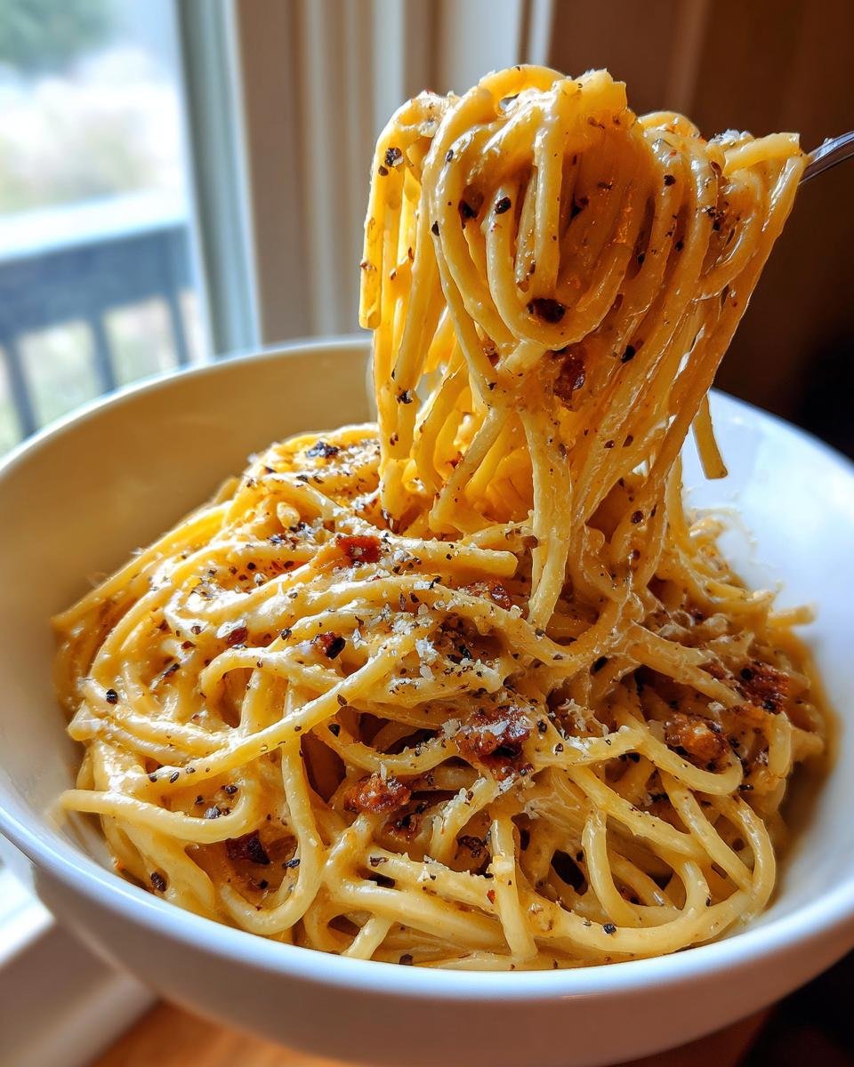 Close-up of a fork lifting creamy spaghetti noodles from a white bowl, showcasing the Irresistible Vegan Carbonara Creamy Guilt Free Delight.