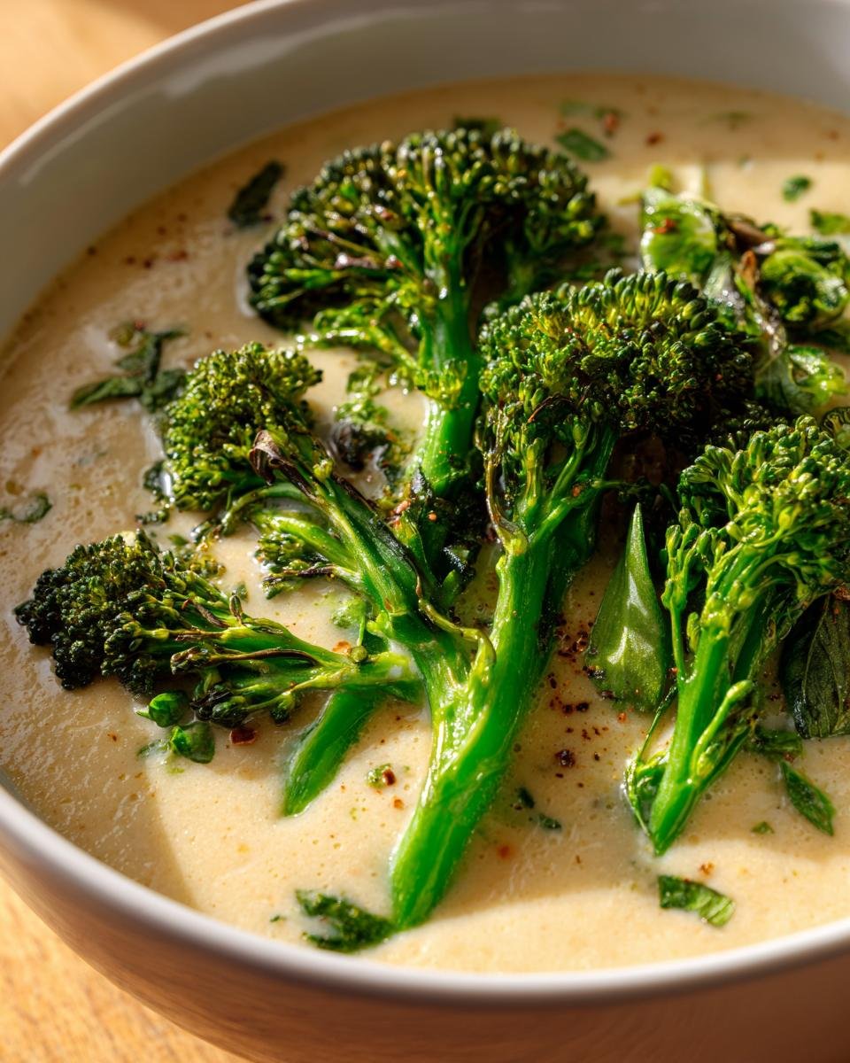 Close-up of creamy vegan white bean soup topped with bright green saut&eacute;ed broccolini florets.