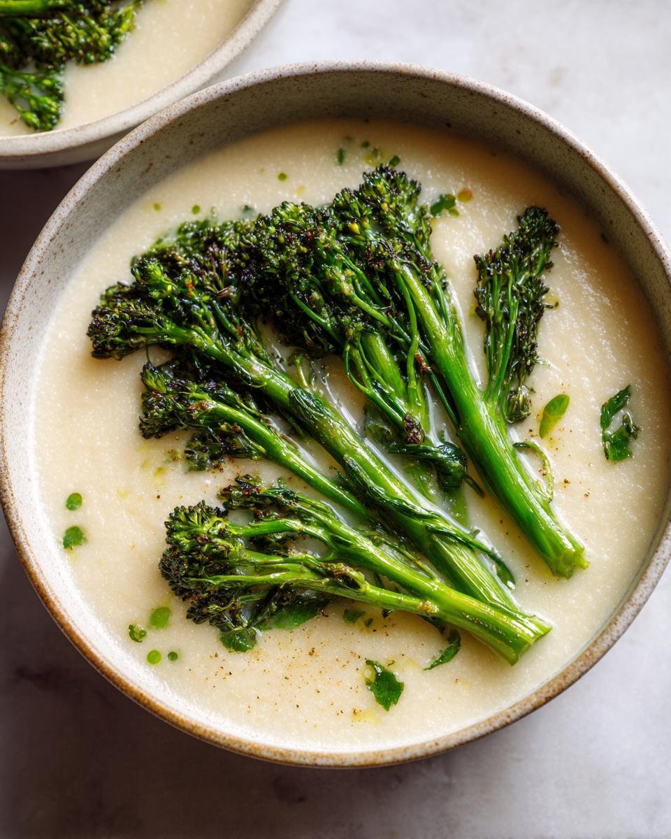 Close-up of creamy vegan white bean soup topped with bright green saut&eacute;ed broccolini spears.