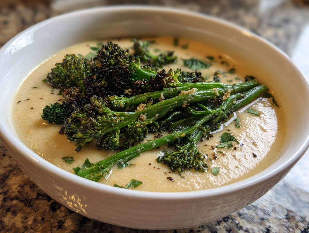 A white bowl filled with creamy vegan white bean soup, topped with saut&eacute;ed broccolini and herbs.
