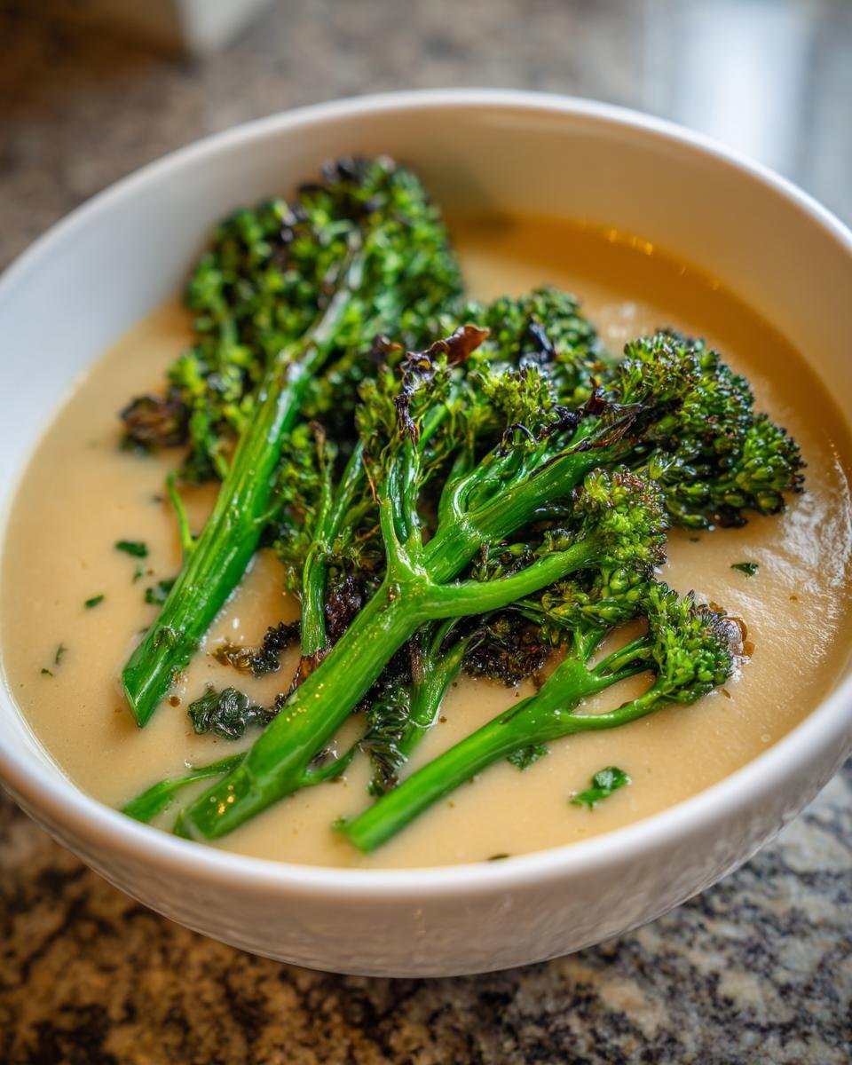 A white bowl filled with creamy vegan white bean soup topped with saut&eacute;ed broccolini florets.
