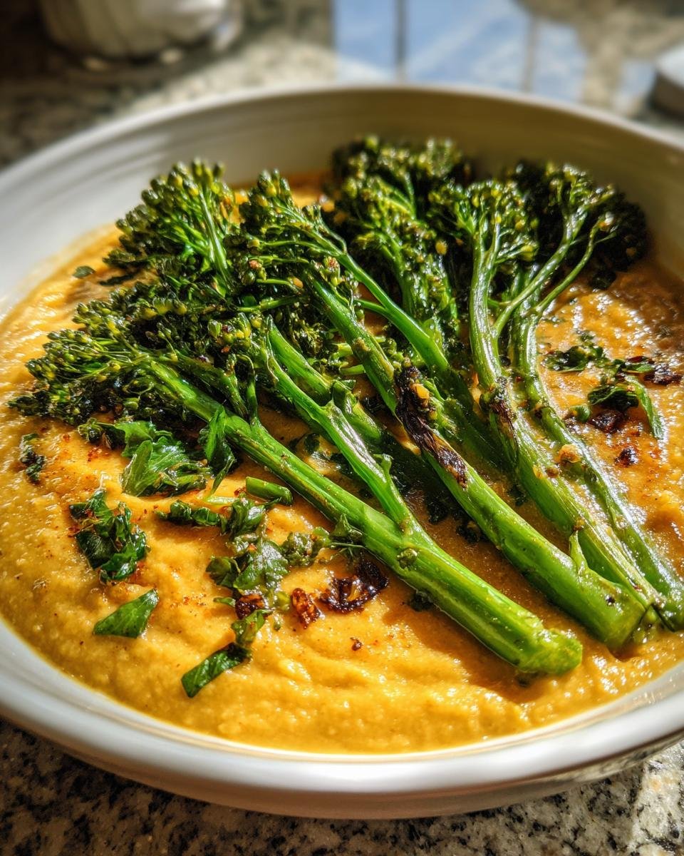 Close-up of creamy vegan white bean soup topped with bright green saut&eacute;ed broccolini spears.