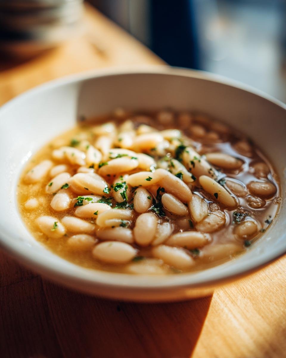 Close-up of a white bowl filled with Creamy White Bean Lemon Orzo Soup, showing plump white beans and pasta garnished with parsley.