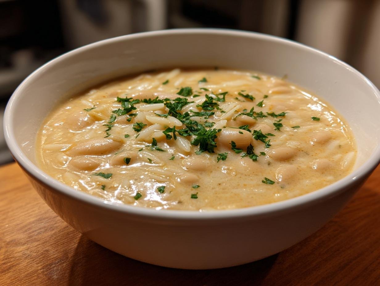 A close-up of a white bowl filled with creamy white bean lemon orzo soup, garnished with fresh parsley.