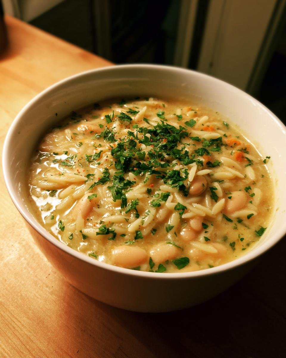 A close-up of a white bowl filled with Creamy White Bean Lemon Orzo Soup, garnished with fresh parsley.