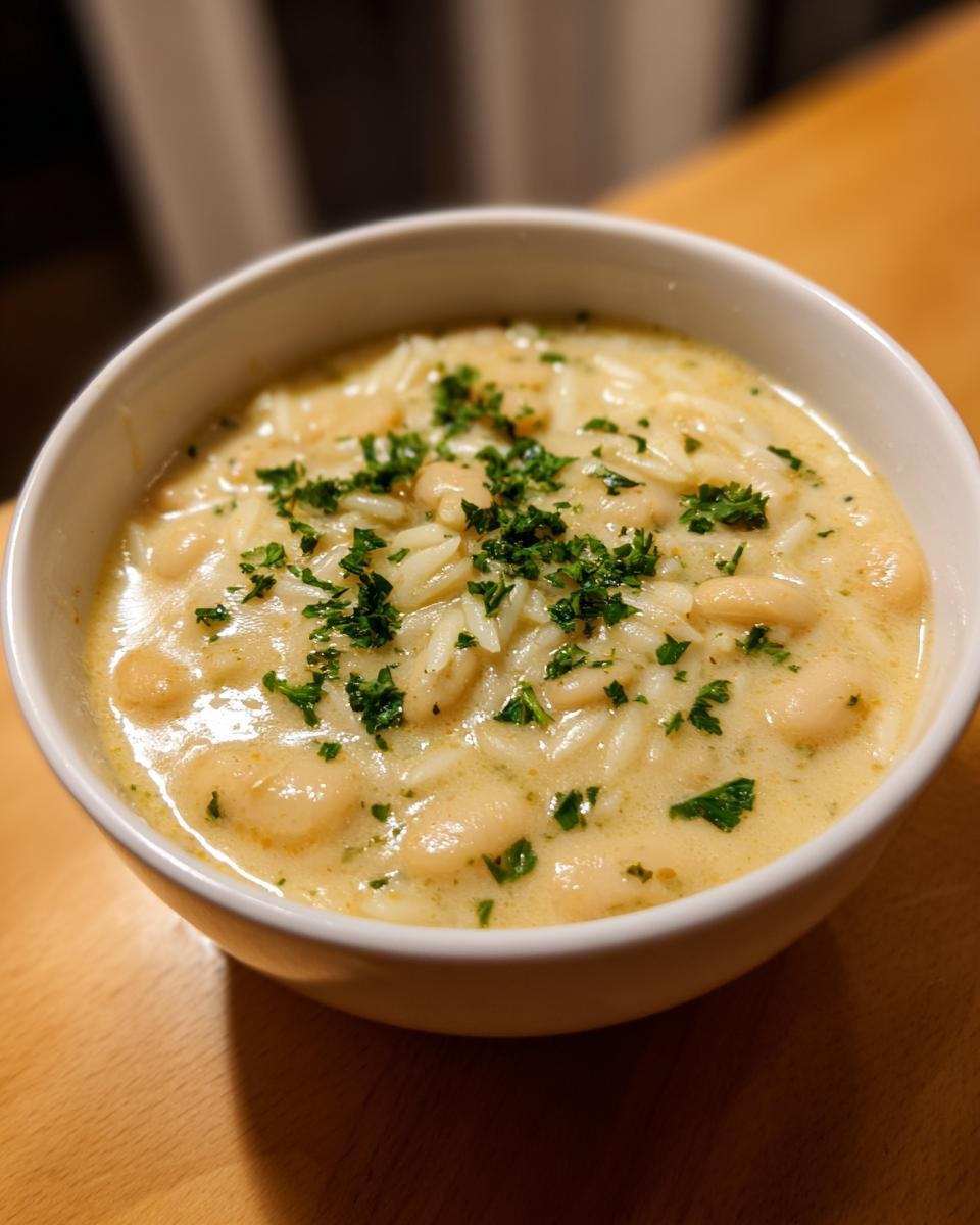 A close-up of a white bowl filled with Creamy White Bean Lemon Orzo Soup, garnished with fresh parsley.