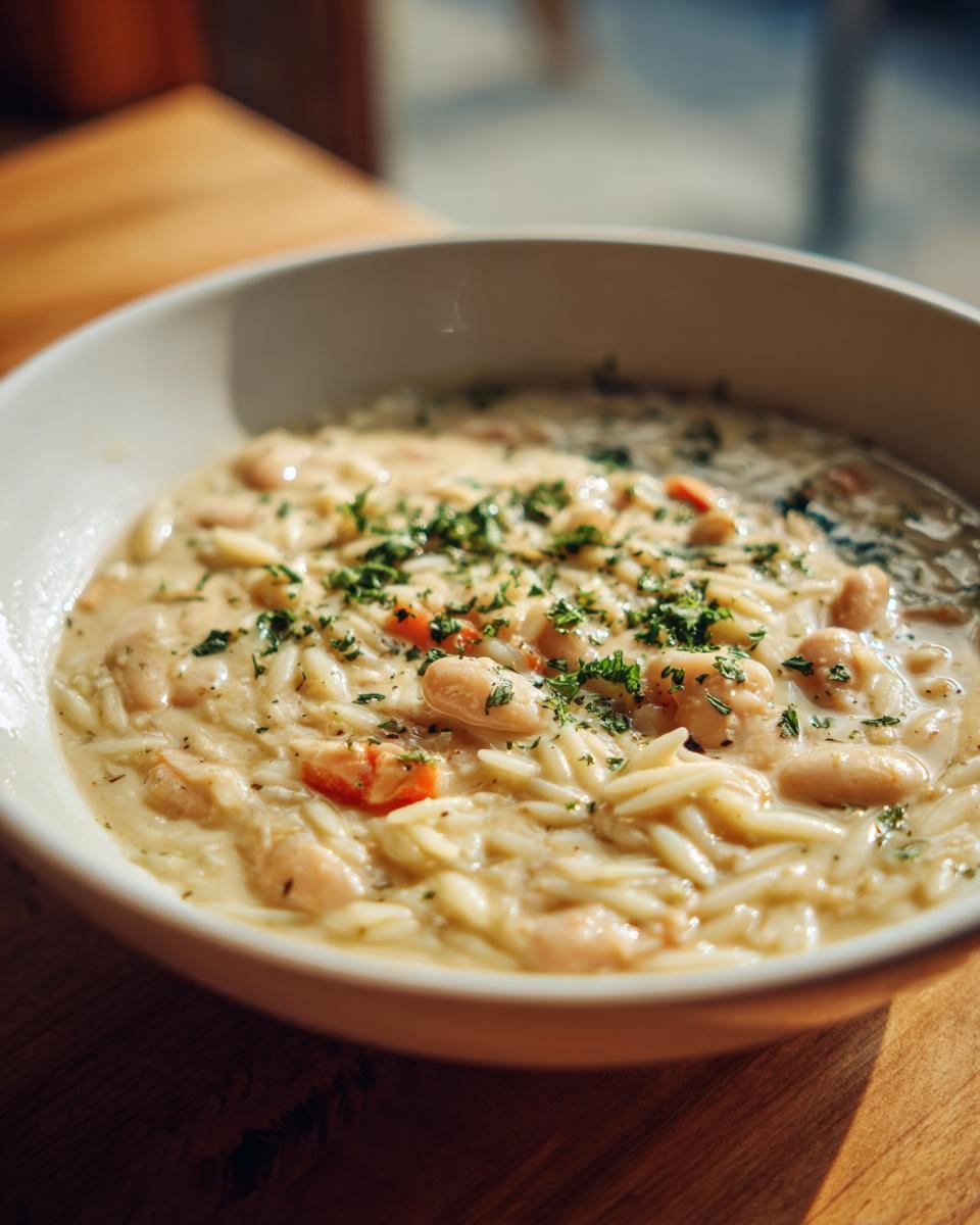 Close-up of a steaming bowl of Creamy White Bean Lemon Orzo Soup topped with fresh parsley.