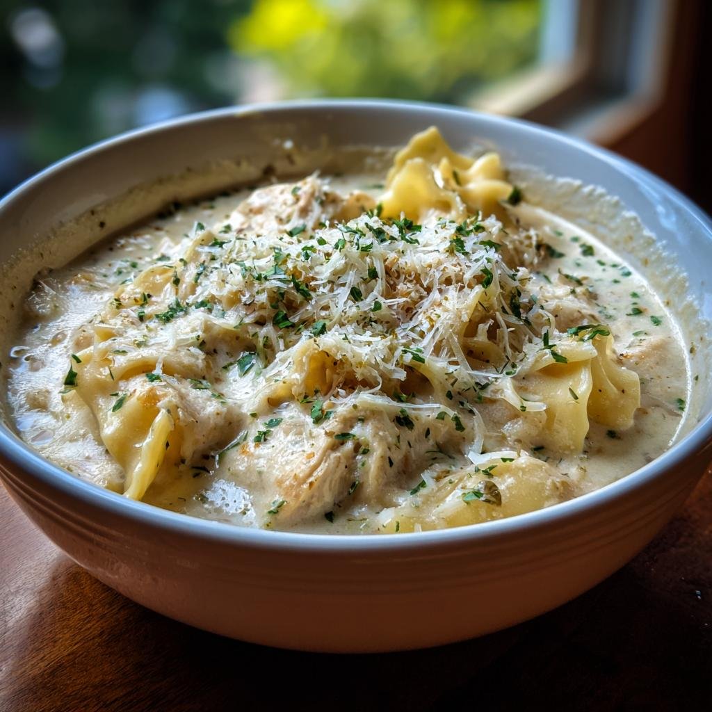Close-up of a bowl filled with rich Creamy White Chicken Lasagna Soup, topped with melted cheese and parsley.
