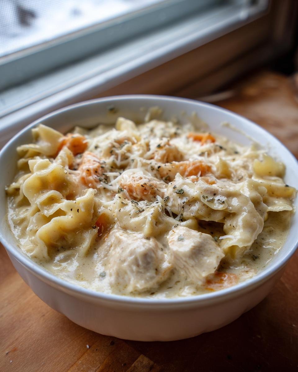 A close-up of a white bowl filled with Creamy White Chicken Lasagna Soup, topped with grated cheese and herbs.