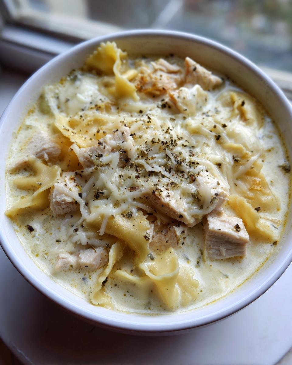 Close-up of a bowl of Creamy White Chicken Lasagna Soup topped with shredded cheese and herbs.