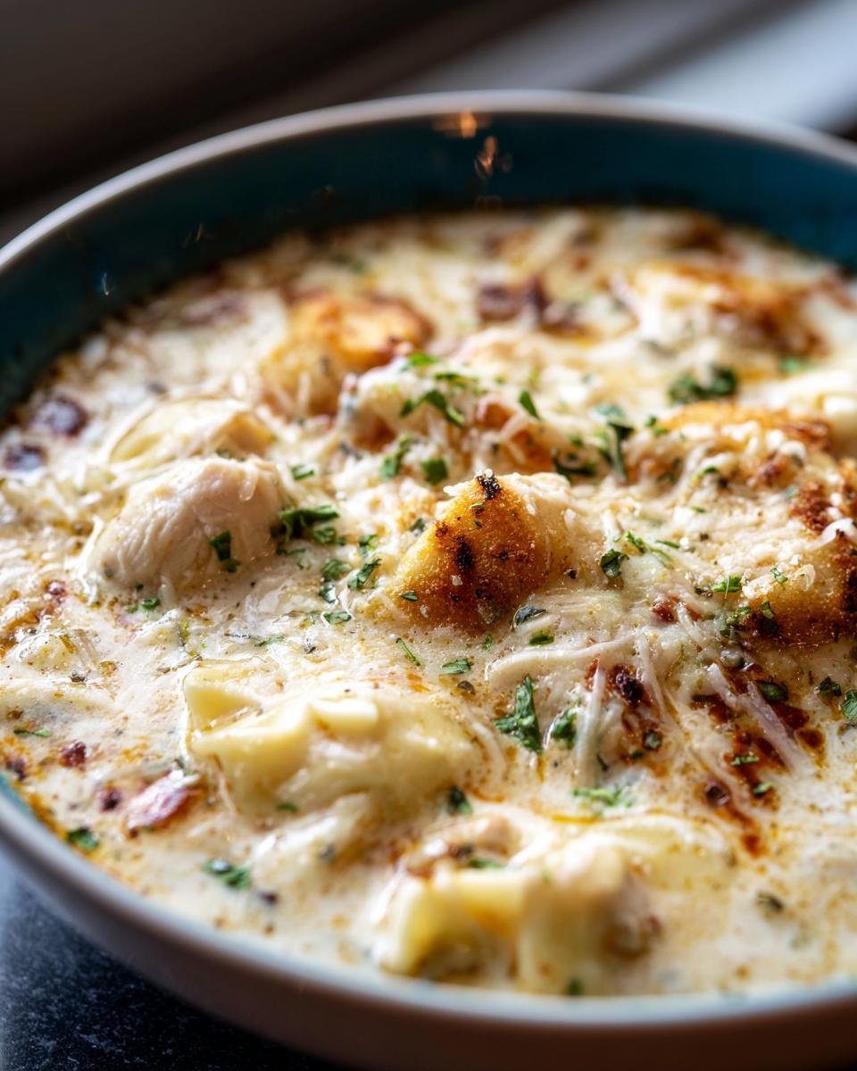 Close-up of a bowl filled with rich Creamy White Chicken Lasagna Soup, topped with melted cheese and parsley.
