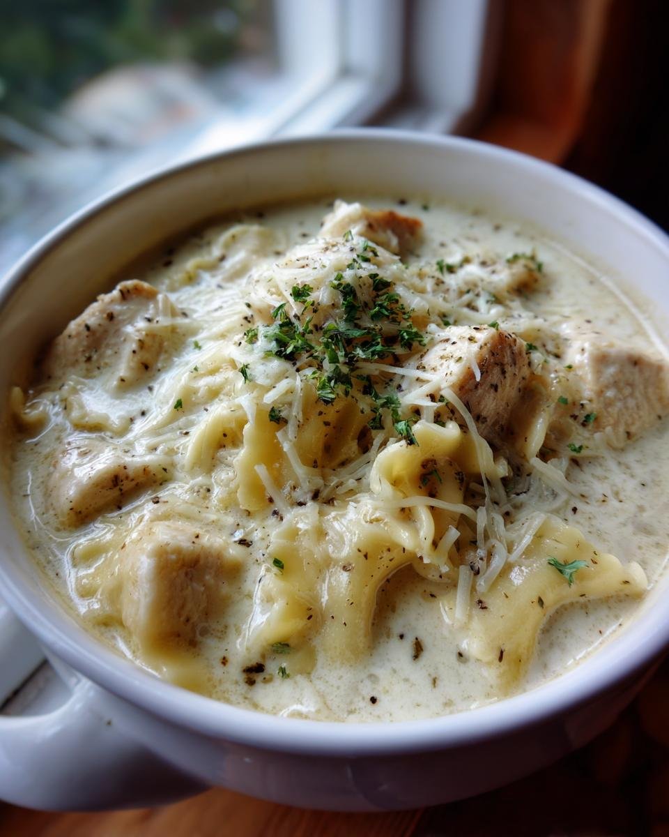 Close-up of a white bowl filled with Creamy White Chicken Lasagna Soup, topped with shredded cheese and parsley.