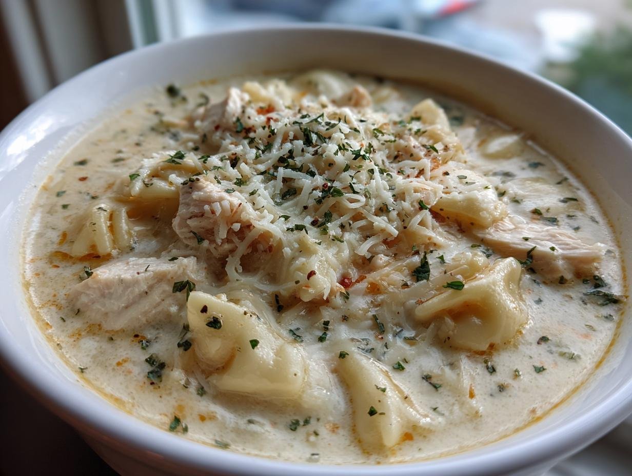 Close-up of a white bowl filled with Creamy White Chicken Lasagna Soup, topped with shredded cheese and herbs.