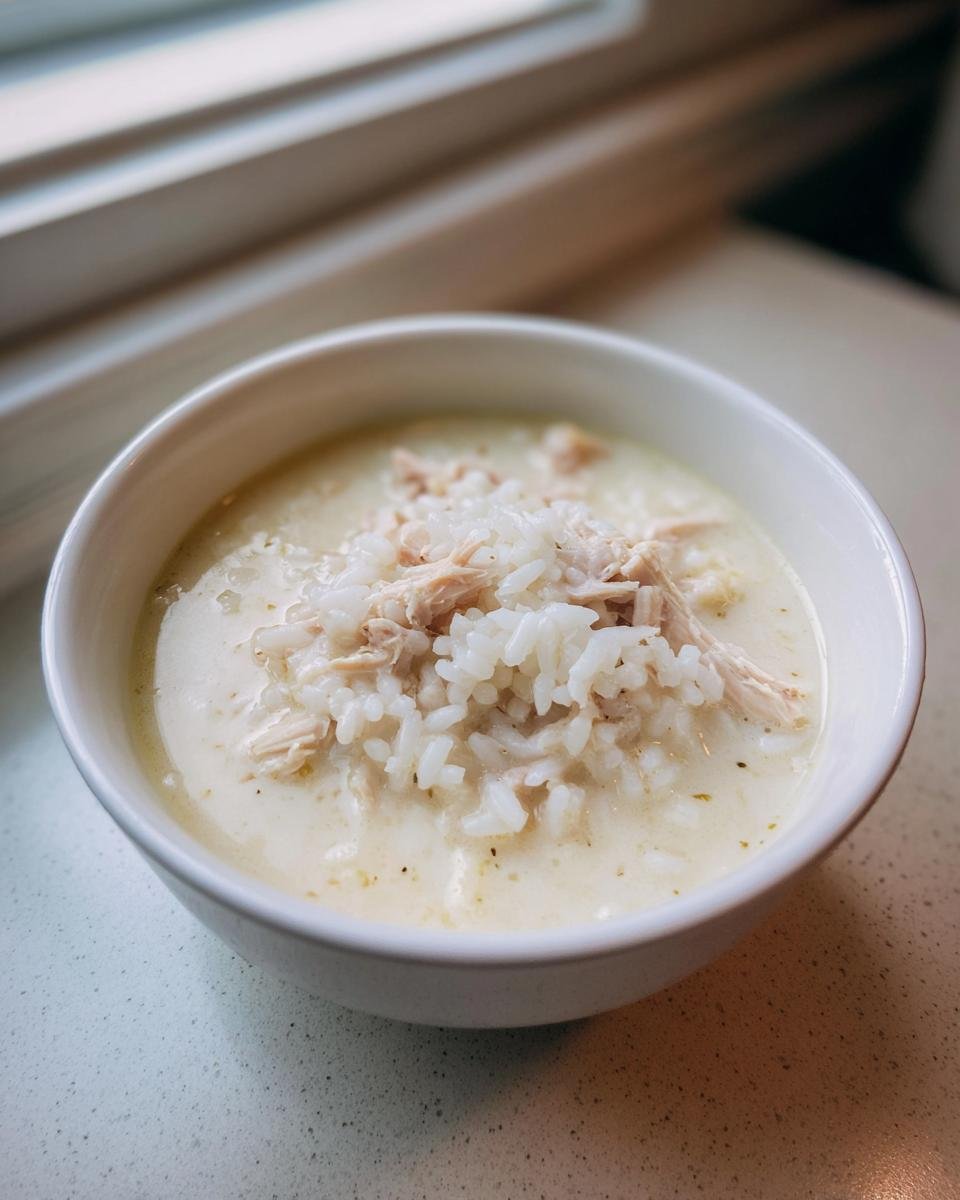 A white bowl filled with creamy white chicken rice soup, topped with shredded chicken and rice.