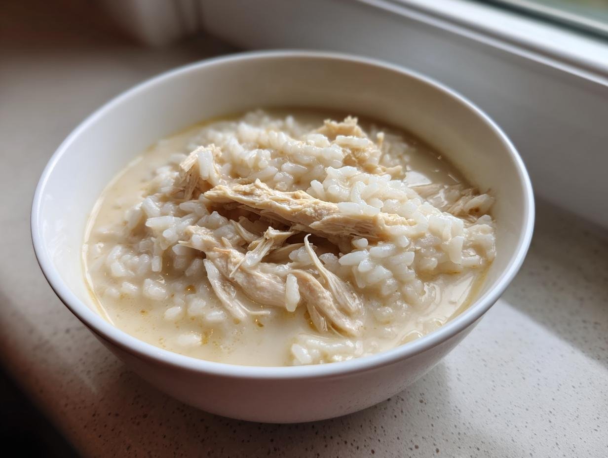 Close-up of a white bowl filled with Creamy White Chicken Rice Soup, showing shredded chicken and rice in a creamy broth.