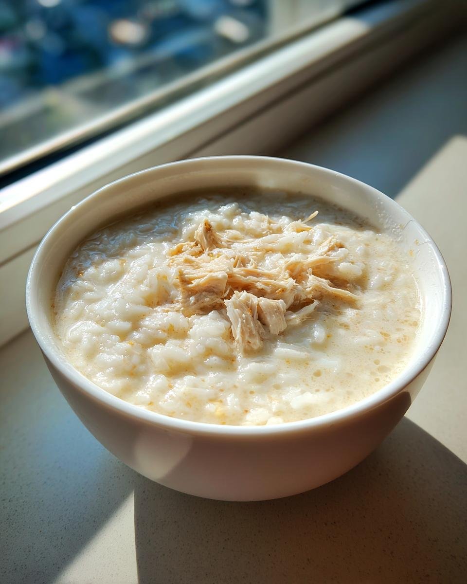 A close-up of a white bowl filled with Creamy White Chicken Rice Soup, topped with shredded chicken.