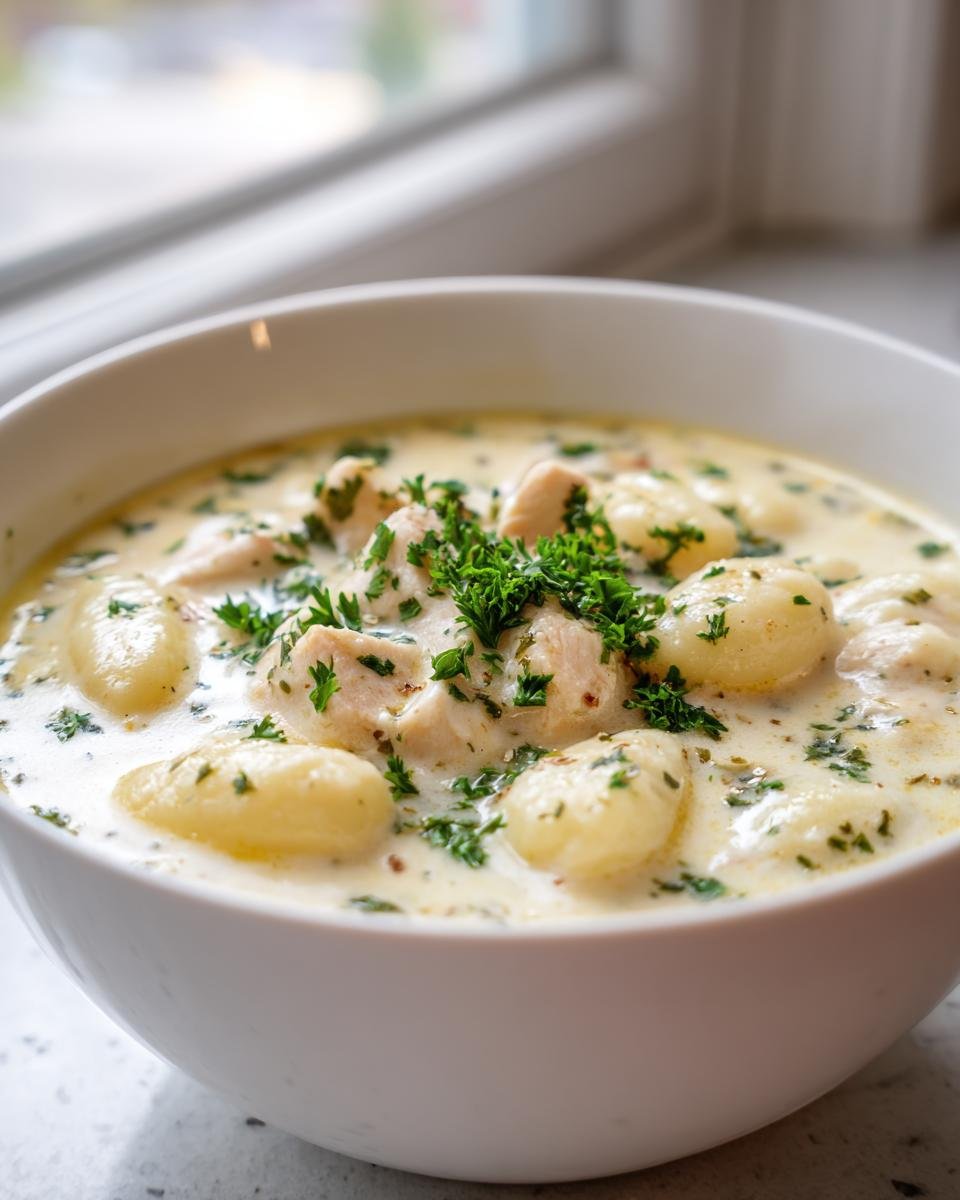 Close-up of a white bowl filled with Creamy Winter Lemon Chicken Gnocchi Soup, topped with fresh parsley.