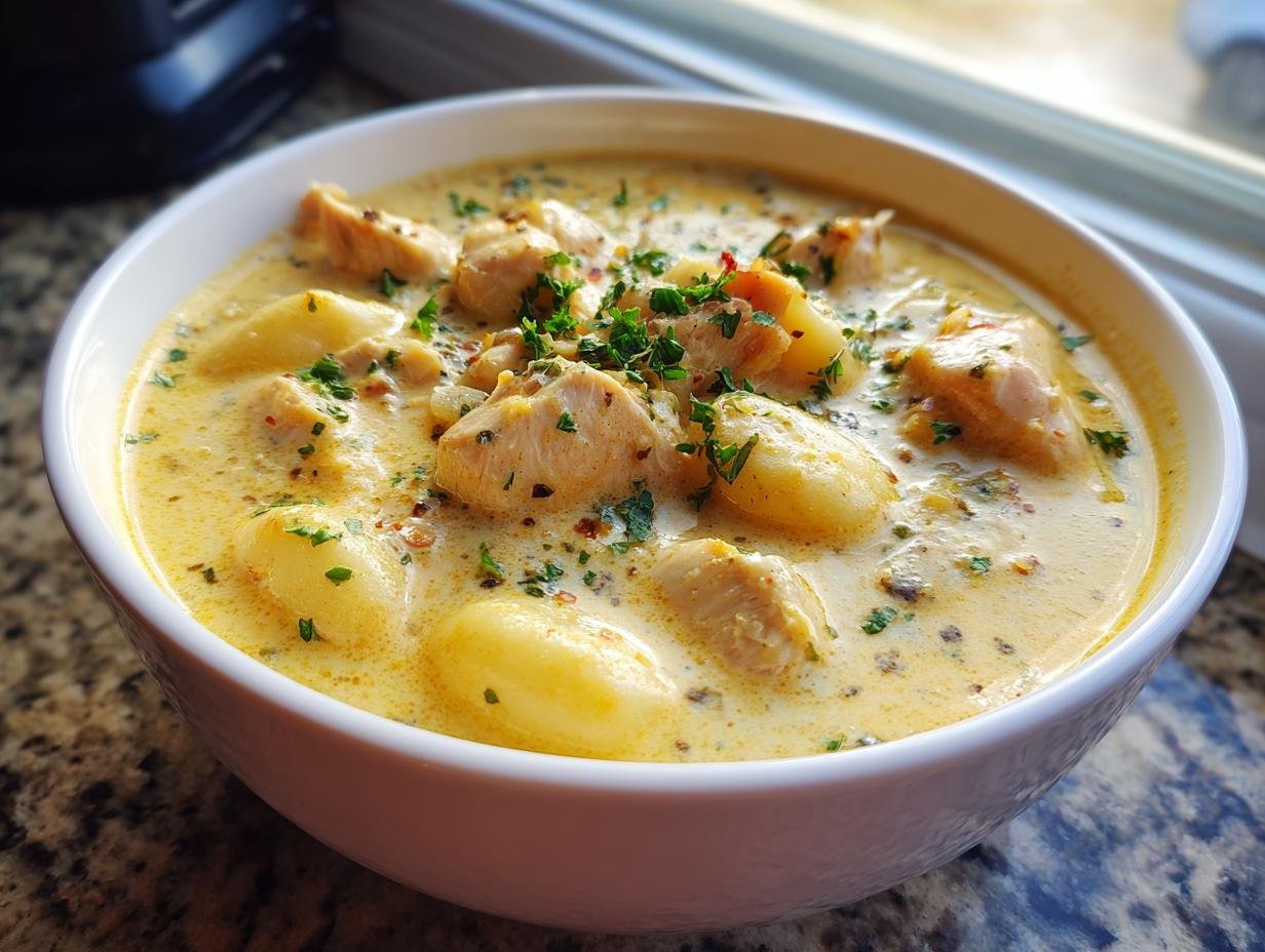 Close-up of a white bowl filled with Creamy Winter Lemon Chicken Gnocchi Soup, topped with parsley.
