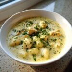 A white bowl filled with Creamy Winter Lemon Chicken Gnocchi Soup, topped with fresh parsley.