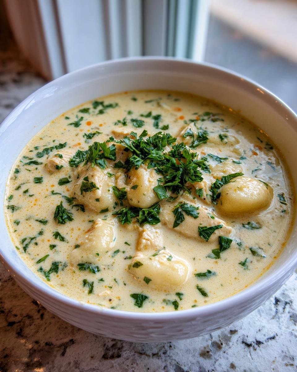 Close-up of a white bowl filled with Creamy Winter Lemon Chicken Gnocchi Soup, topped with fresh parsley.