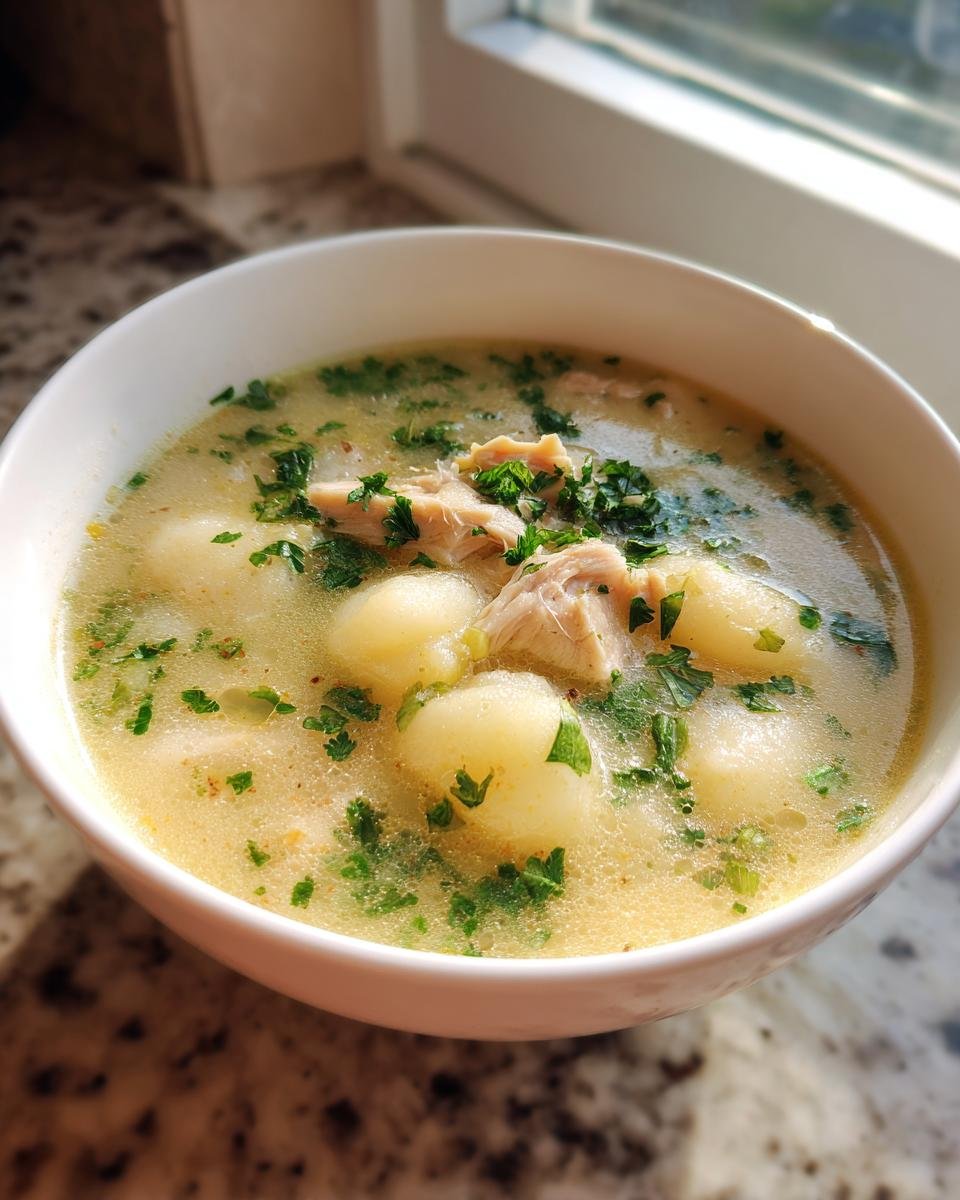 A close-up of a white bowl filled with Creamy Winter Lemon Chicken Gnocchi Soup, topped with shredded chicken and fresh parsley.