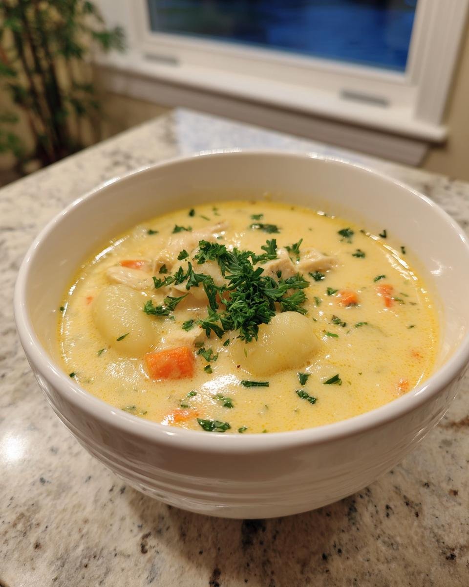 A close-up of a white bowl filled with Creamy Winter Lemon Chicken Gnocchi Soup, topped with fresh parsley.