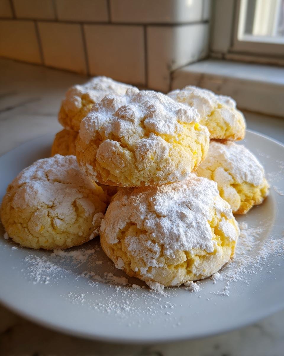 A stack of bright yellow Lemon Cookies generously coated with cracked powdered sugar on a white plate.