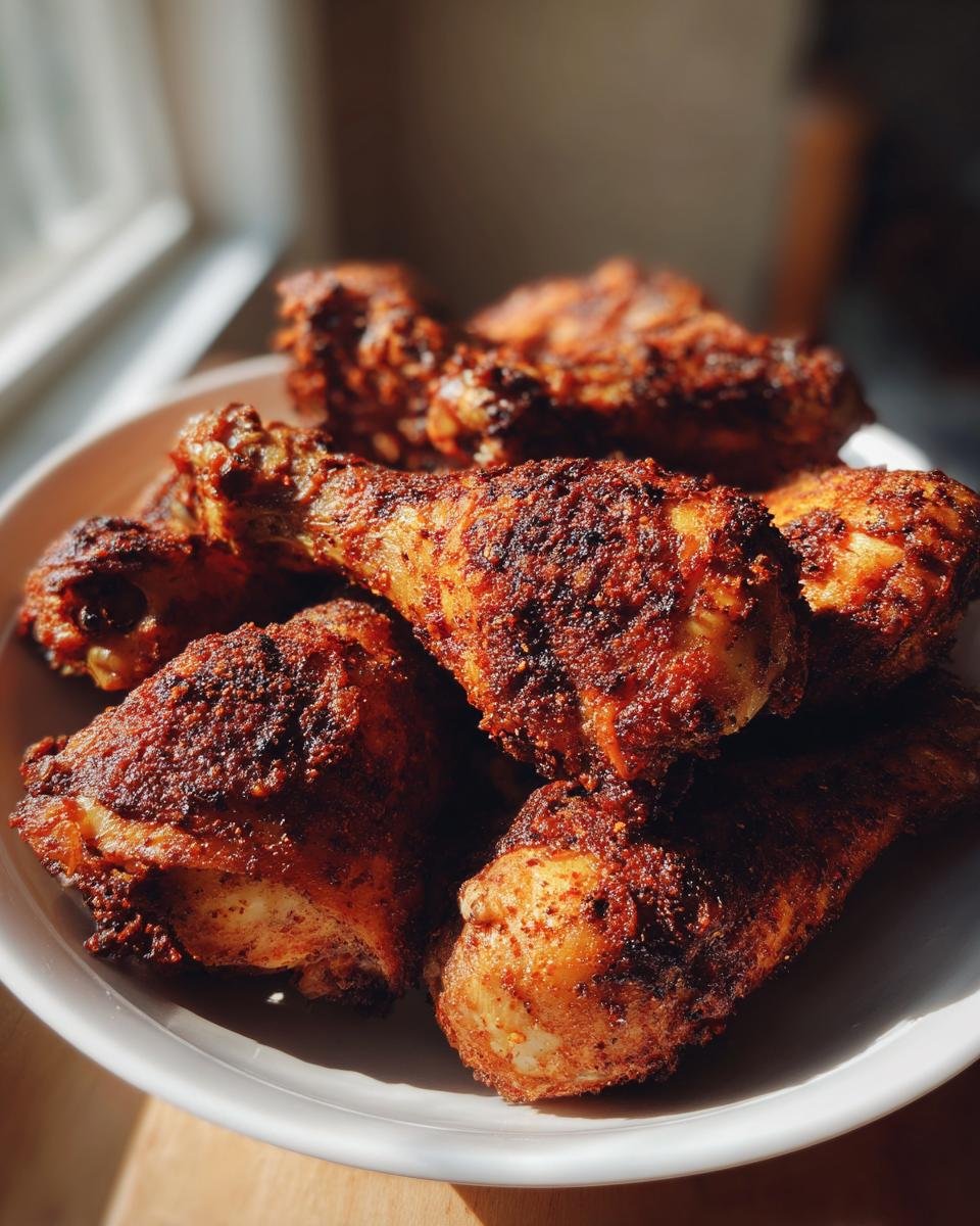 A close-up of several Crispy Air Fryer Chicken Drumsticks piled high on a white plate, showing a deep reddish-brown seasoned crust.