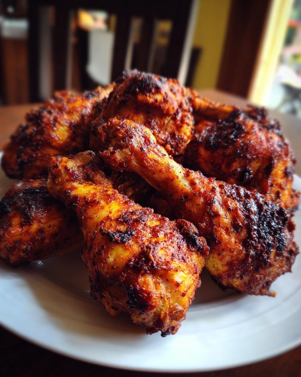 A close-up of several deeply seasoned, crispy air fryer chicken drumsticks piled high on a white plate.