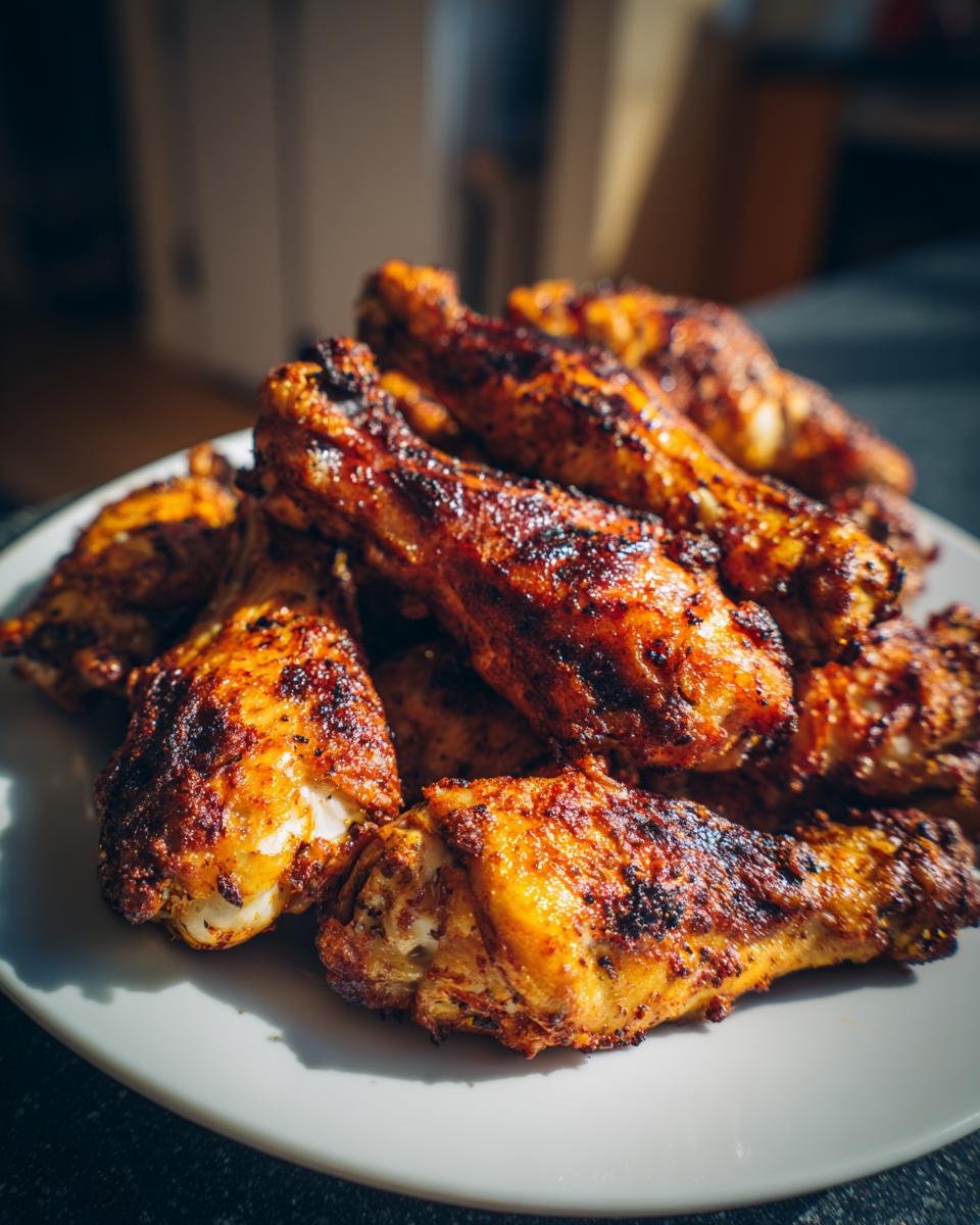 A close-up of a white plate piled high with perfectly cooked, crispy air fryer chicken drumsticks.