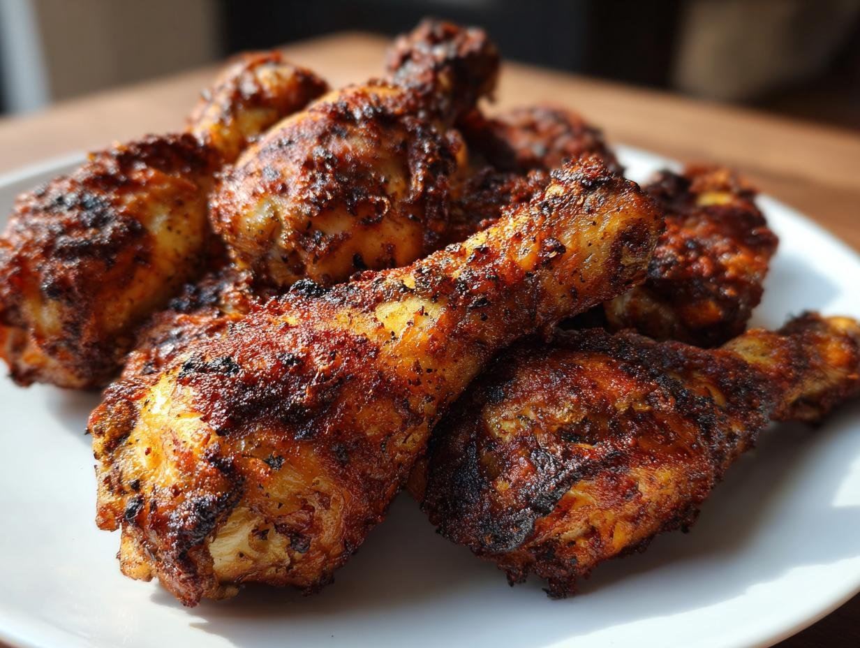 A close-up of several golden-brown, crispy air fryer chicken drumsticks seasoned with spices.