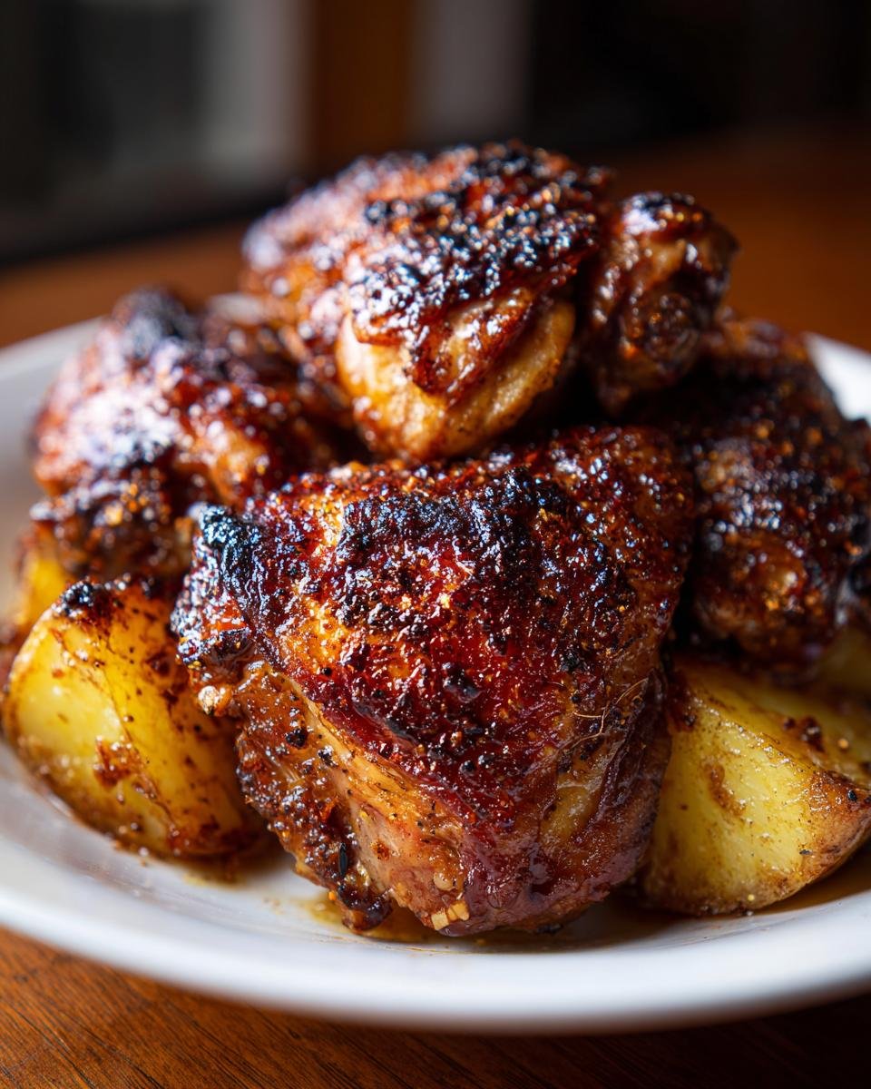 A close-up of perfectly roasted Baked Chicken Thighs With Potatoes, featuring crispy, dark-glazed skin.