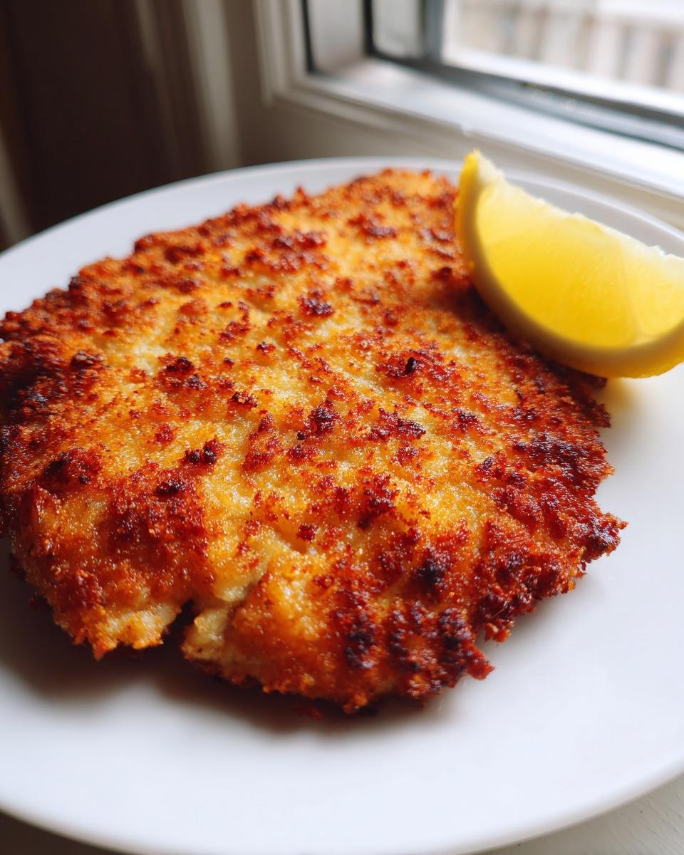 A golden-brown, crispy Chicken Milanese served on a white plate with a fresh lemon wedge.