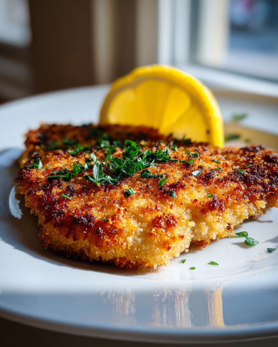 A golden brown, breaded Chicken Milanese fillet garnished with fresh parsley and a lemon wedge.