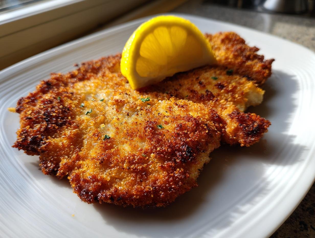 A golden brown, crispy Chicken Milanese cutlet served on a white plate with a fresh lemon slice.