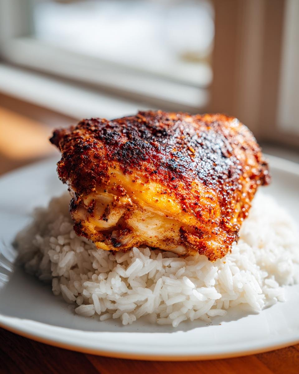 A perfectly cooked, seasoned chicken thigh resting on a bed of fluffy white rice.
