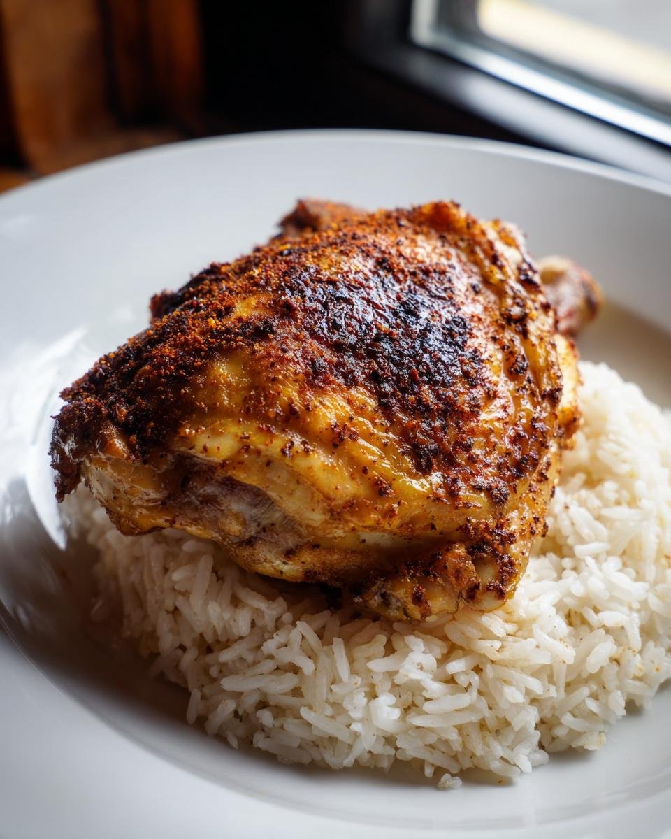 A perfectly cooked, seasoned chicken thigh resting on a bed of fluffy white rice.