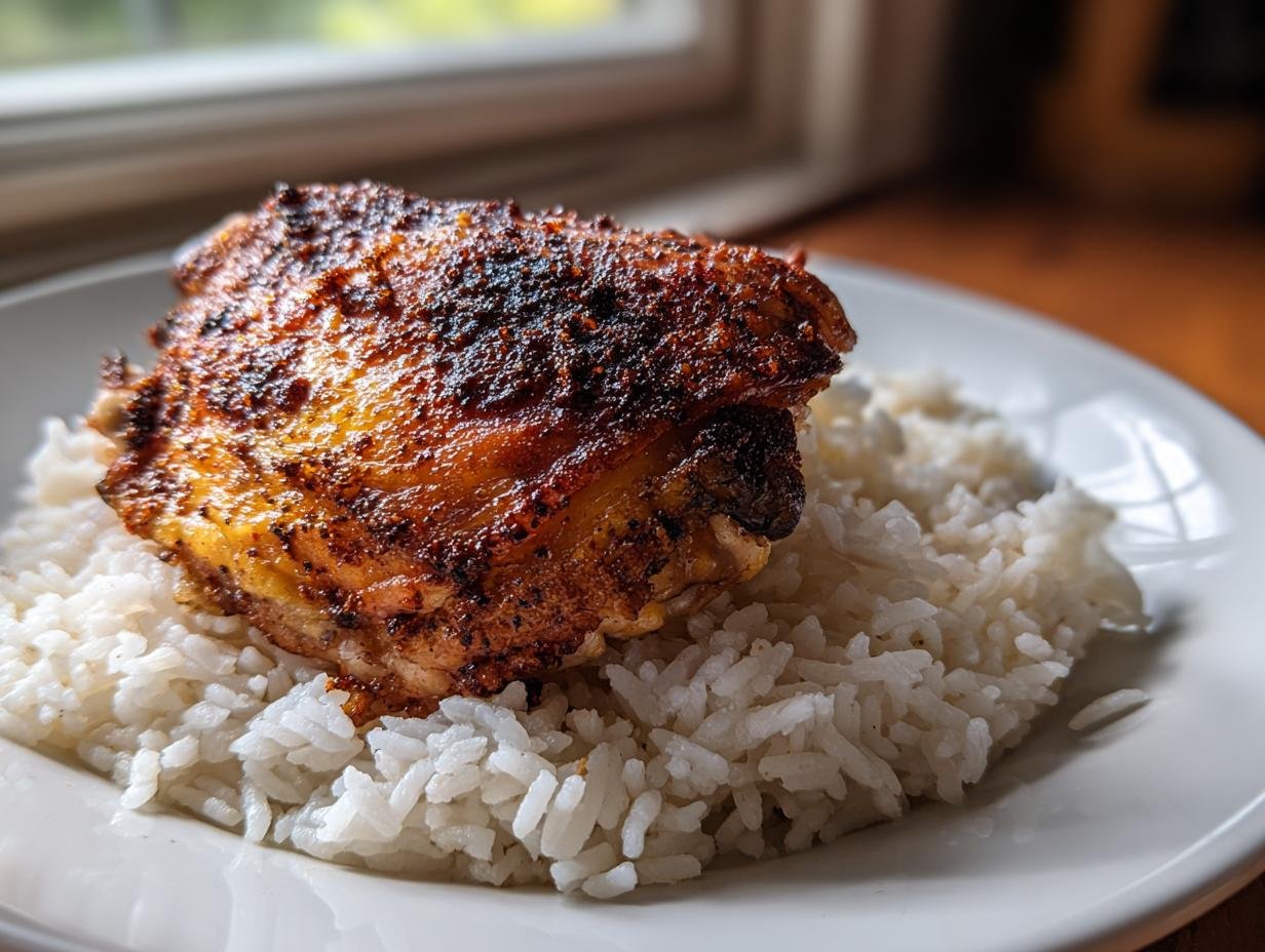 Close-up of a perfectly cooked, crispy skin Chicken Thighs With Rice serving on a white plate.