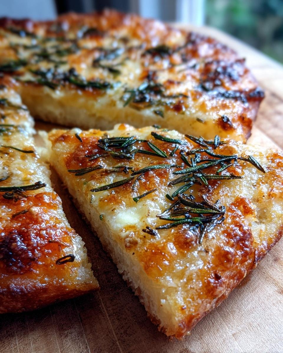 Close-up of slices of Irresistible Crispy Flatbread With Brie Recipe, topped with melted cheese and fresh rosemary.