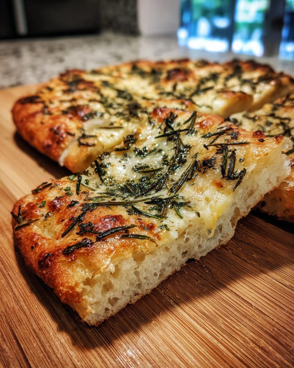 A thick slice of Irresistible Crispy Flatbread With Brie Recipe, showing its airy crumb and rosemary topping.