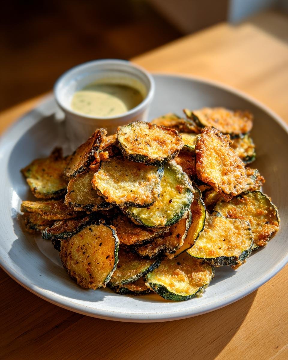A bowl piled high with crispy Fried Zucchini Chips served next to a small ramekin of creamy garlic vinaigrette.