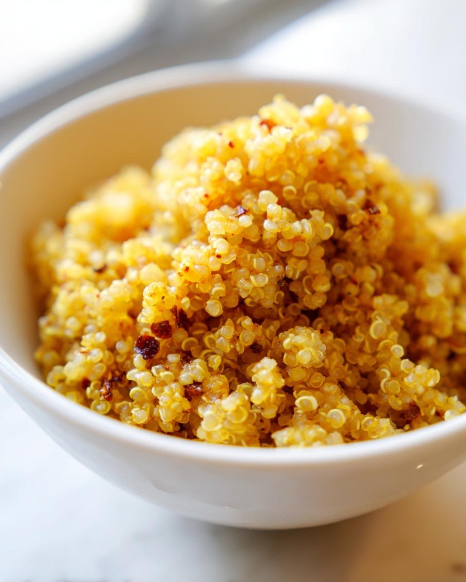 Close-up of fluffy, golden Curried Fried Quinoa served in a simple white bowl.