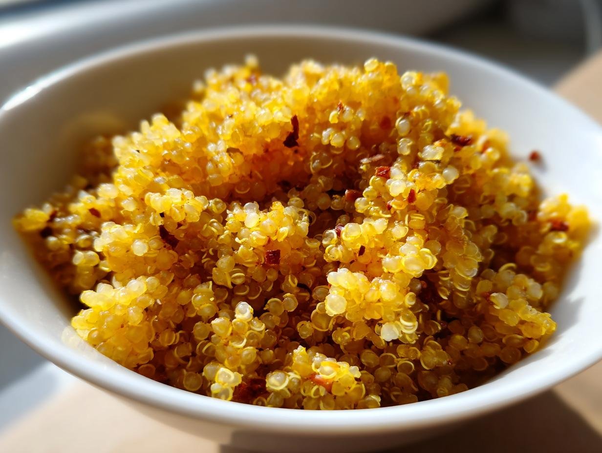 Close-up of fluffy, bright yellow Curried Fried Quinoa served in a white bowl.