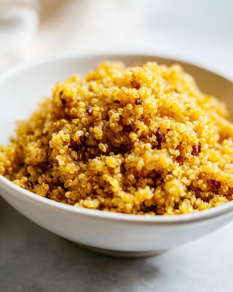 Close-up of fluffy, golden Curried Fried Quinoa served in a simple white bowl.