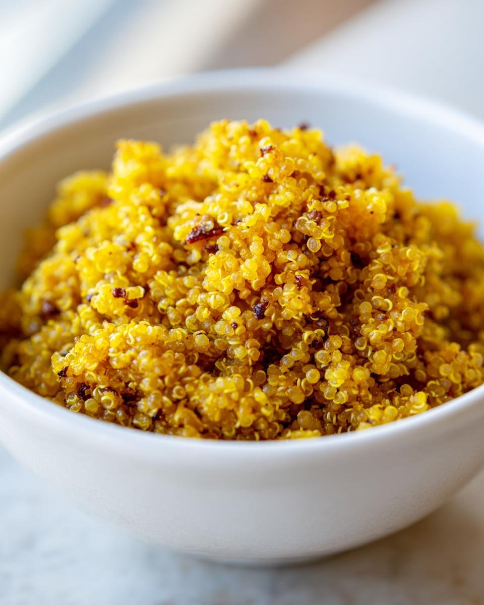 Close-up of bright yellow Curried Fried Quinoa served in a simple white bowl.