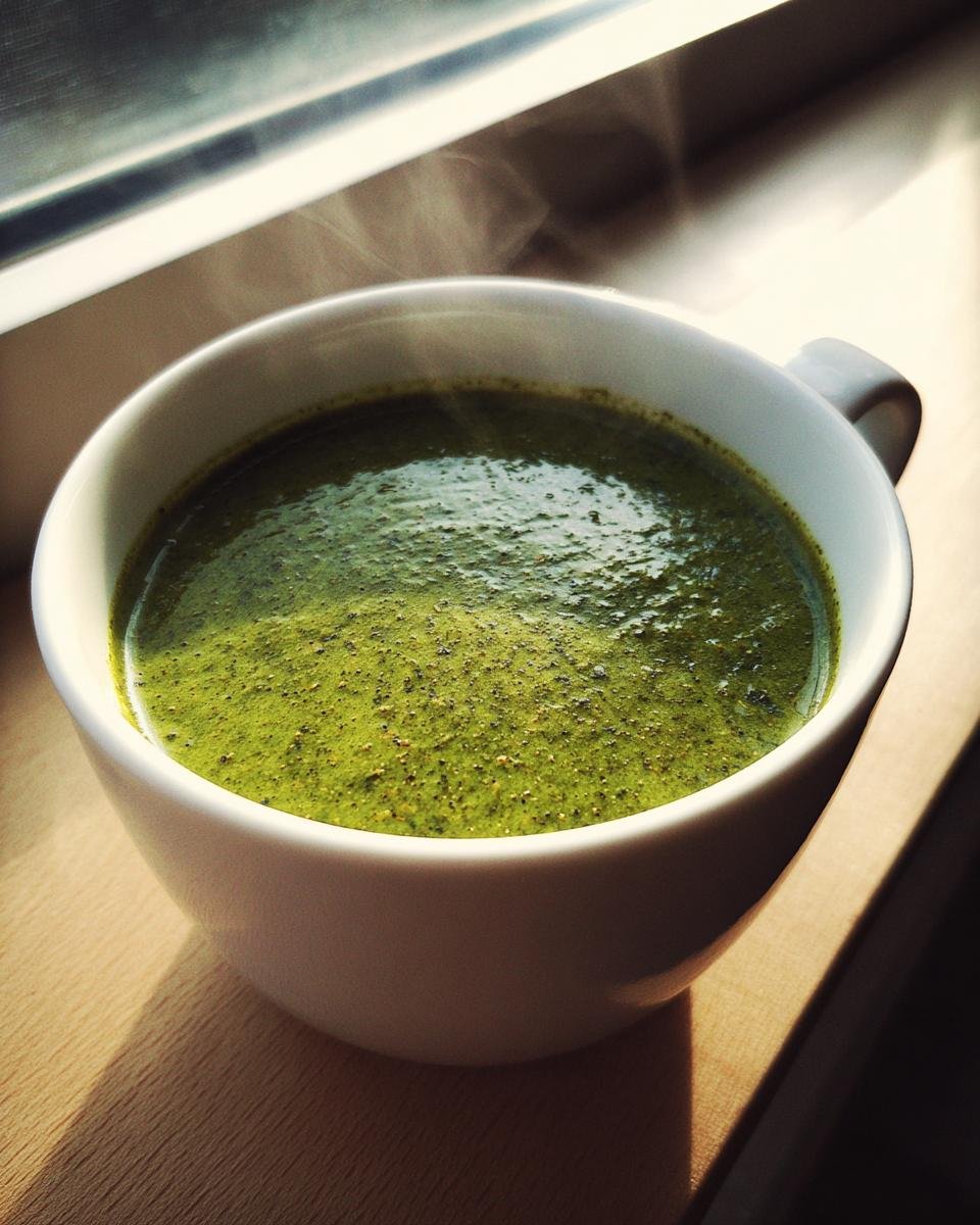 Close-up of steaming Delicious Cream Of Broccoli Soup, a vibrant green puree in a white mug by a sunny window.