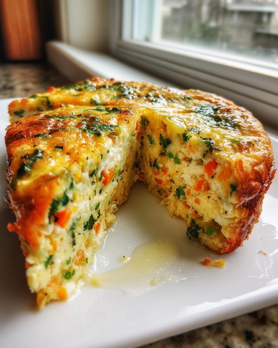 A cross-section view of a Delicious Crustless Vegetable Quiche, showing bright orange carrots and green herbs baked into the egg base.