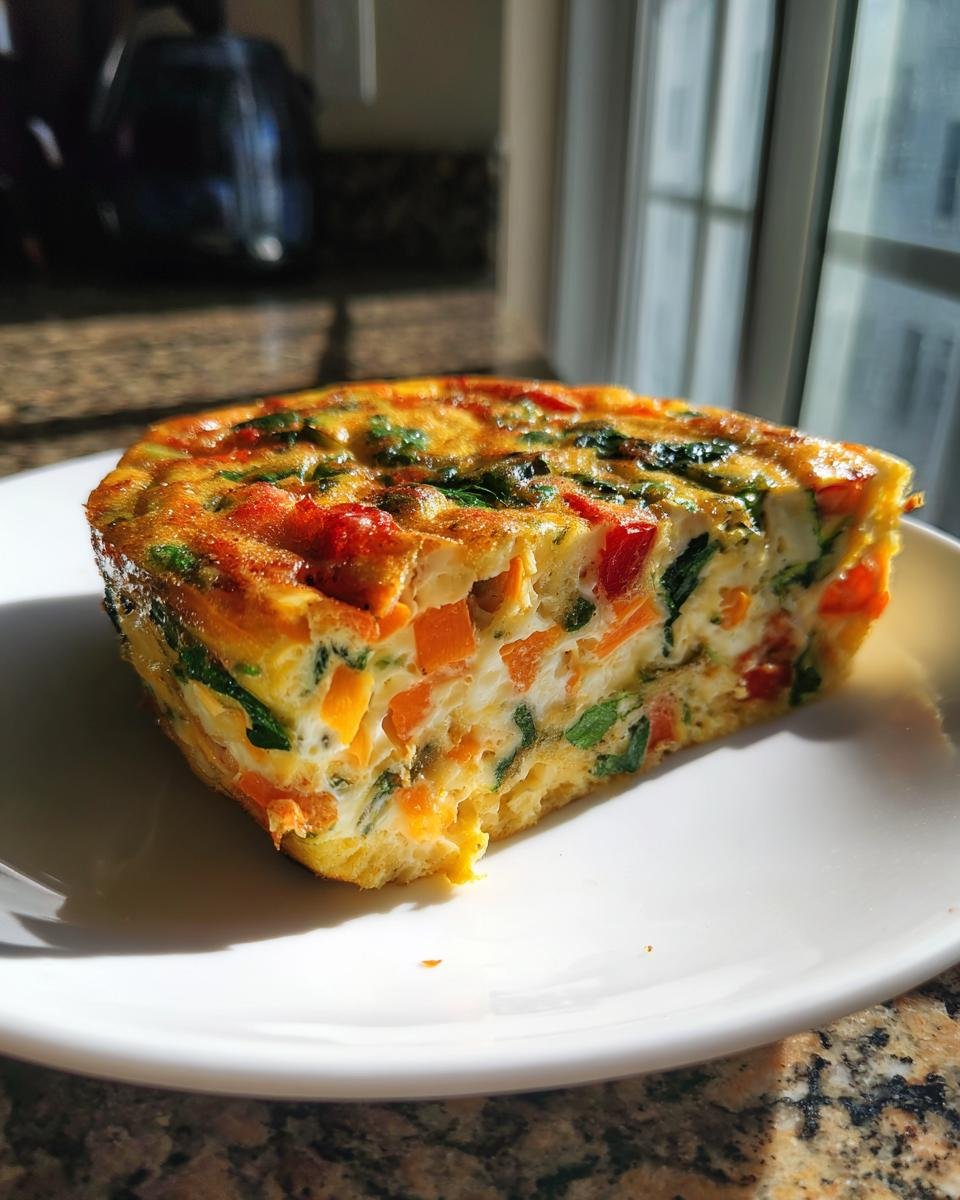 A close-up, sunlit slice of Delicious Crustless Vegetable Quiche showing visible chunks of orange bell pepper and green spinach.